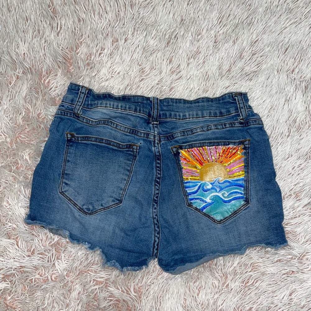 Hand Painted Sunset High Waisted Denim Shorts